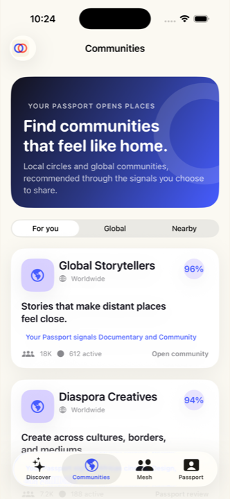 MeshCue community recommendations matched through Passport signals