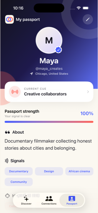MeshCue Passport showing a member's identity, current cue, and interests