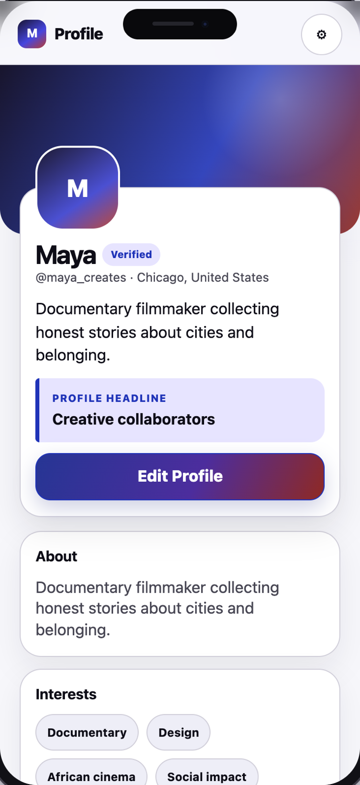 Meshcue Profile screen showing Maya's headline, biography, and interests